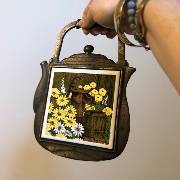 Other - Vintage Brass Teapot with Floral Tile Trivet